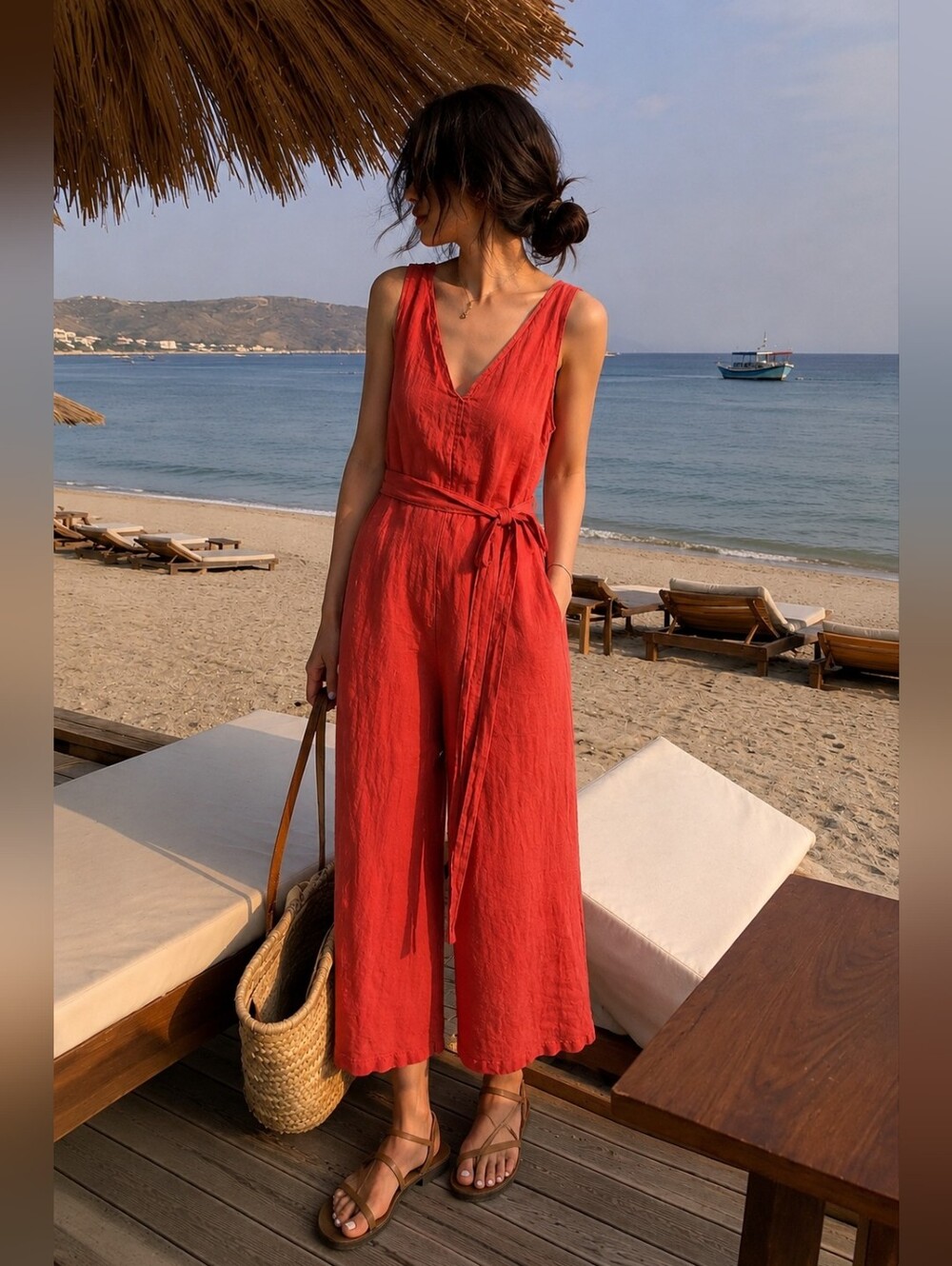 Lungo L'Arno 100% Linen Wide Leg Jumpsuit Made in Italy Coral XS